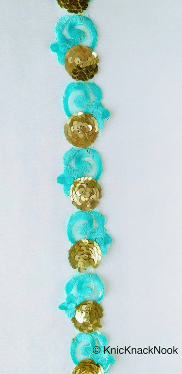 Wholesale Blue Lace Trim, Tissue Fabric Cutwork With Floral Embroidery & Gold Sequins, Indian Embroidery